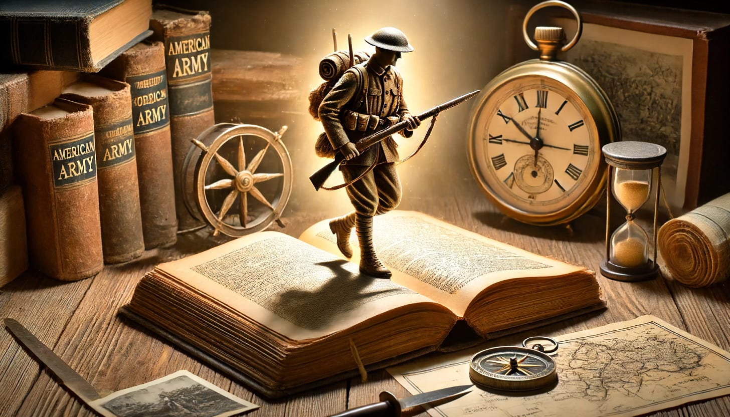 An artistic depiction of an American WW1 Army soldier emerging from the pages of an old book on a wooden table. The soldier is dressed in a WW1 uniform with a helmet and rifle, stepping out of the book as if coming to life. The scene should include a warm, nostalgic light, highlighting the book's pages with a sepia tone. Surrounding the book on the table, include some historical items like old maps, a compass, and a vintage photograph to emphasize the historical context and lessons learned.