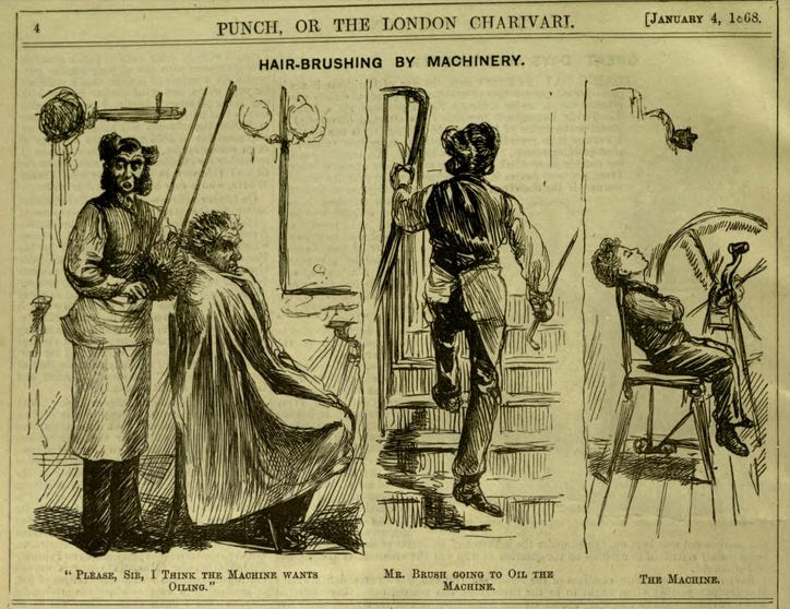 A three panel cartoon showing one barber telling another that the brush isn't working. The second barber sets off up the stairs with a stick in his hand. The machine turns out to be operated by a small boy, who has fallen asleep.