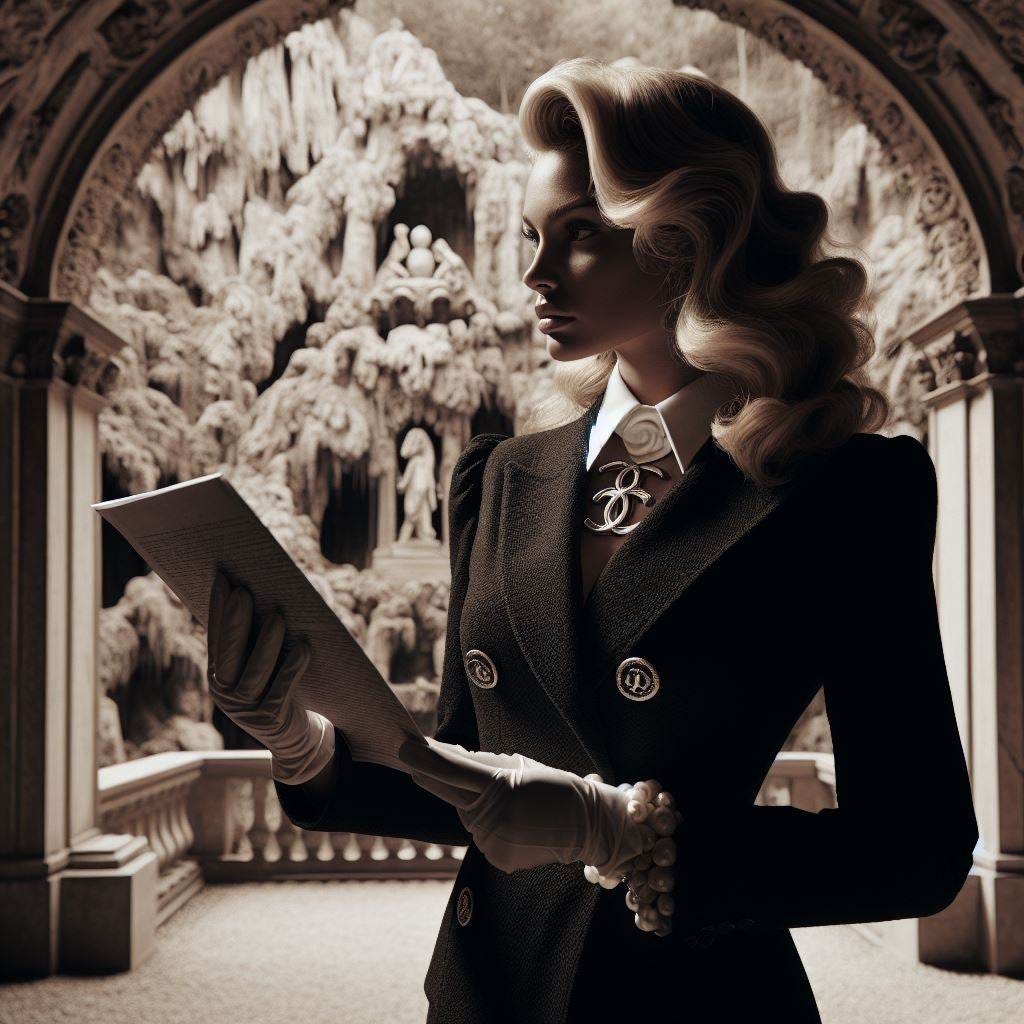 show me a narrow shot of an elegant curvy blonde female Professor dressed in a Chanel suit in silhouette on sabbatical researching a Renaissance grotto in the style of the grotta grande in the boboli gardens 