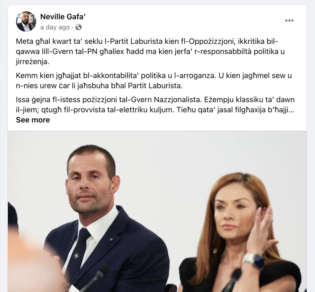 Gafà's Facebook post calling out Energy Minister Miriam Dalli