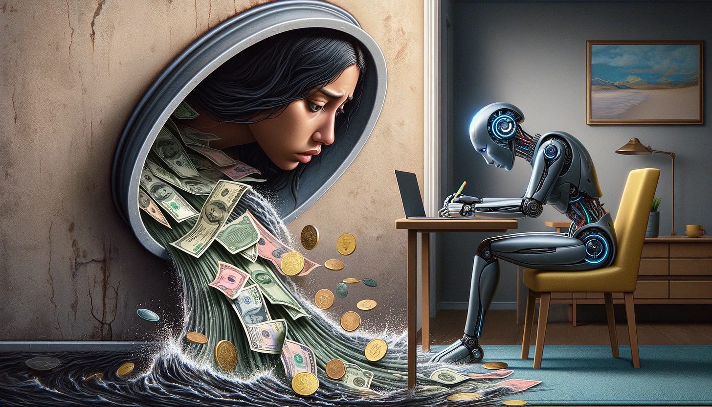 A DallE image of a woman watching a robot write a CV. Money pours out of a drain and onto the floor.