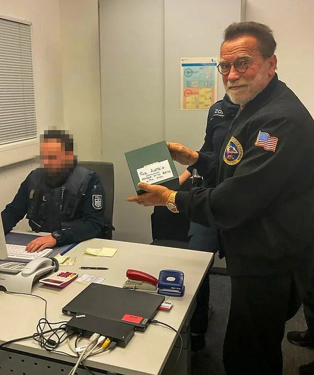 The Terminator actor, 76, was seen holding a box in a customs office at Munich airport, in a picture obtained by BILD