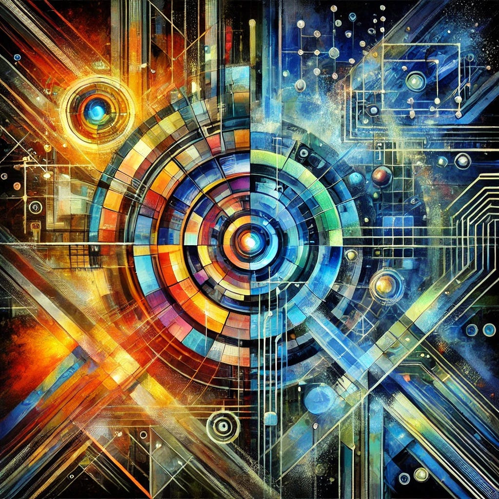An abstract painting representing Silicon Valley’s innovation culture. The artwork features dynamic, intersecting geometric shapes symbolizing the fusion of technology, counterculture, and venture capital. Bright, electric colors such as neon blues, fiery oranges, and digital greens contrast with deep, shadowy hues, representing the clash of old and new ideas. Circular and circuit-like patterns evoke the influence of AI, computing, and the online economy. Layers of overlapping textures suggest knowledge-sharing and rapid movement of ideas. The overall composition conveys energy, chaos, and creativity in a concentrated space.