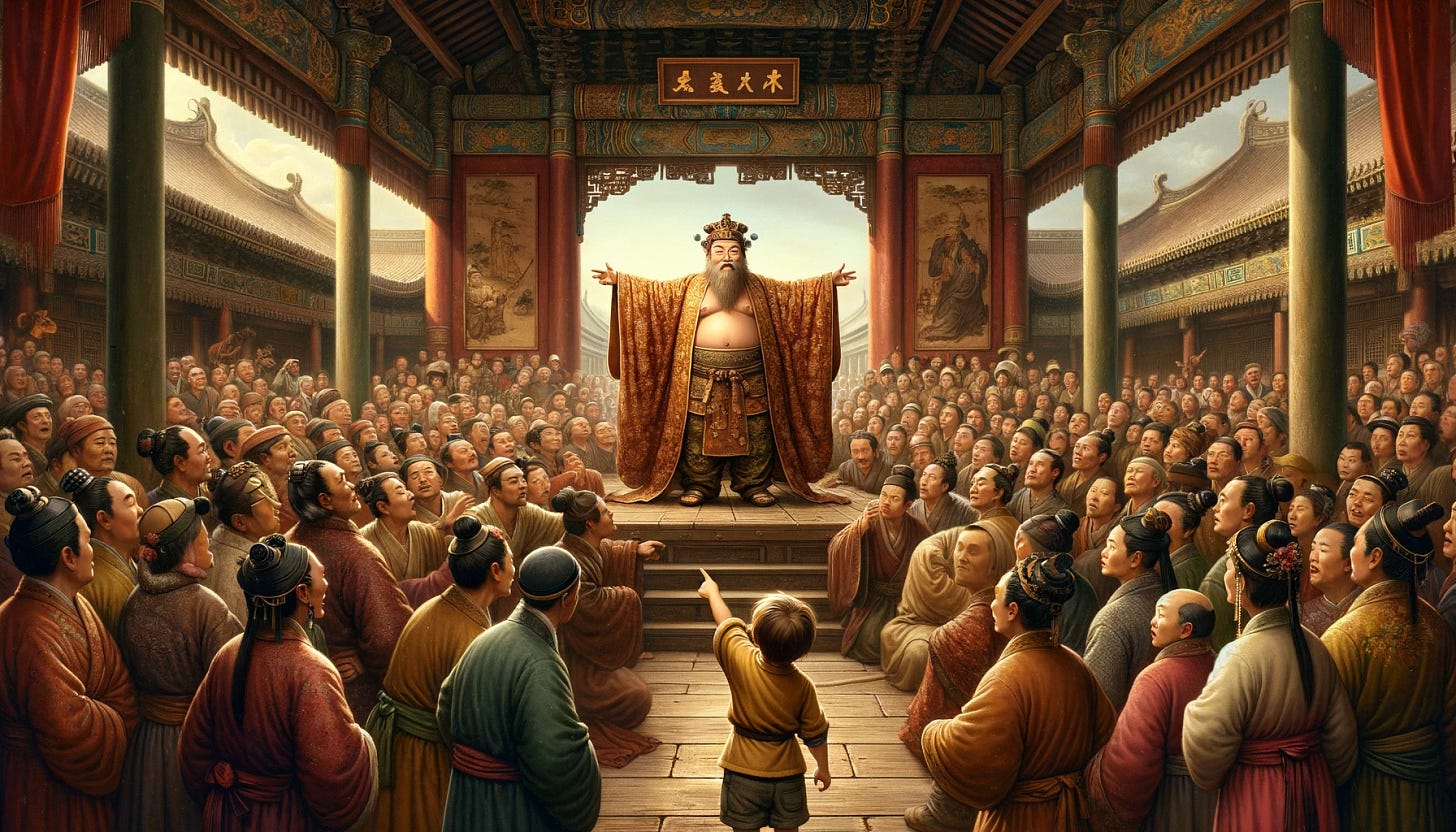 Create a wide image in a 2:1 ratio, reminiscent of Leonardo da Vinci's style, depicting a pivotal moment from 'The Emperor's New Clothes'. In this scene, a child is about to reveal that the Chinese emperor, parading before a crowd, is actually not wearing any clothes. The emperor, in the center of the composition, should be depicted with the dignified air and attire of ancient Chinese royalty, but humorously without any clothes. Surrounding him, the crowd of onlookers, drawn in various states of shock and disbelief, watches intently. The child, positioned prominently in the foreground, should be pointing towards the emperor, capturing the moment of revelation. The entire scene is set in a grand, ancient Chinese setting, with intricate architectural details and traditional clothing styles for the crowd, all rendered in a style that pays homage to the masterful techniques and attention to detail characteristic of da Vinci's work.