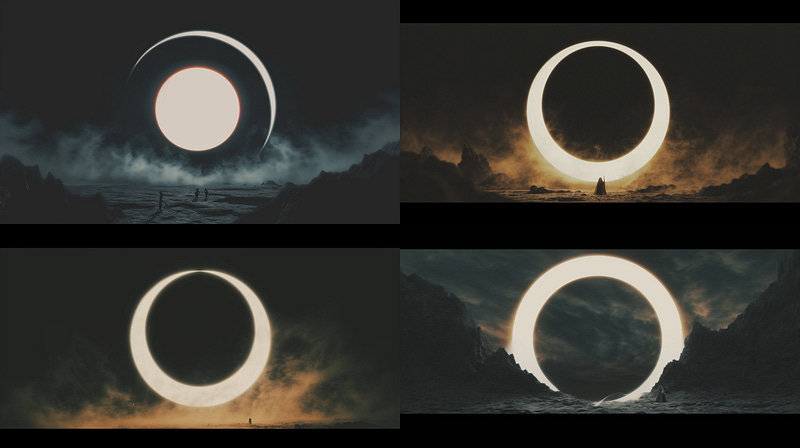 Cinematic Medium Shot, mysterious human, circular portal in an alien wasteland leading towards a nebula, in the style of biblical drama, monumental figures, voluminous mass