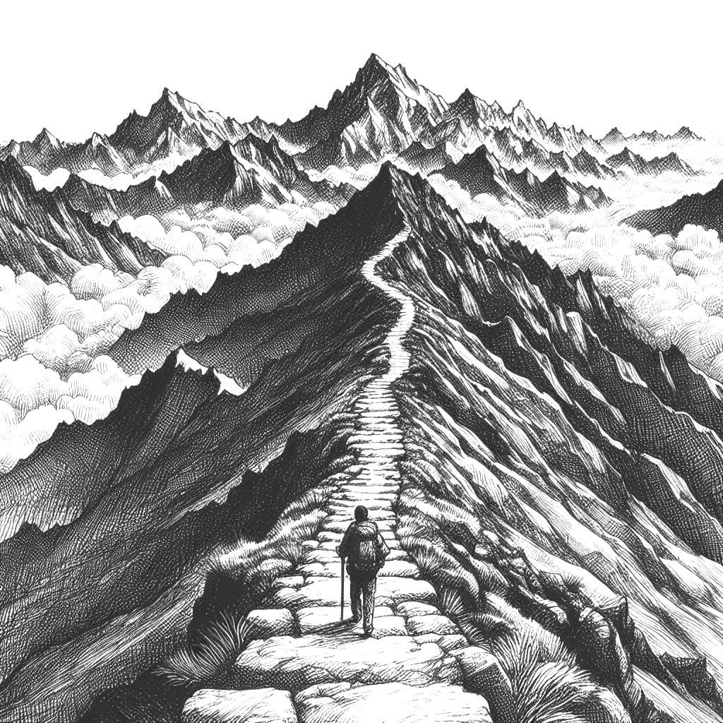 Drawing of man hiking on mountain