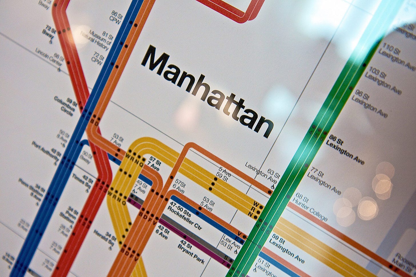 Close up of Vignelli's 2008 revision of the 1972 modernist New York City Subway map