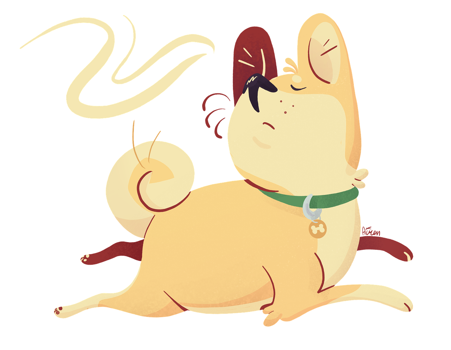 Cartoon drawing of a lying shiba dog sniffing the air. She wears a green collar with an ID tag. 