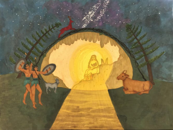 A goddess holding a newborn baby sits in a glowing golden cave surrounded by friendly animals, dancing Kouretes, tall fir trees, and a starry night sky.