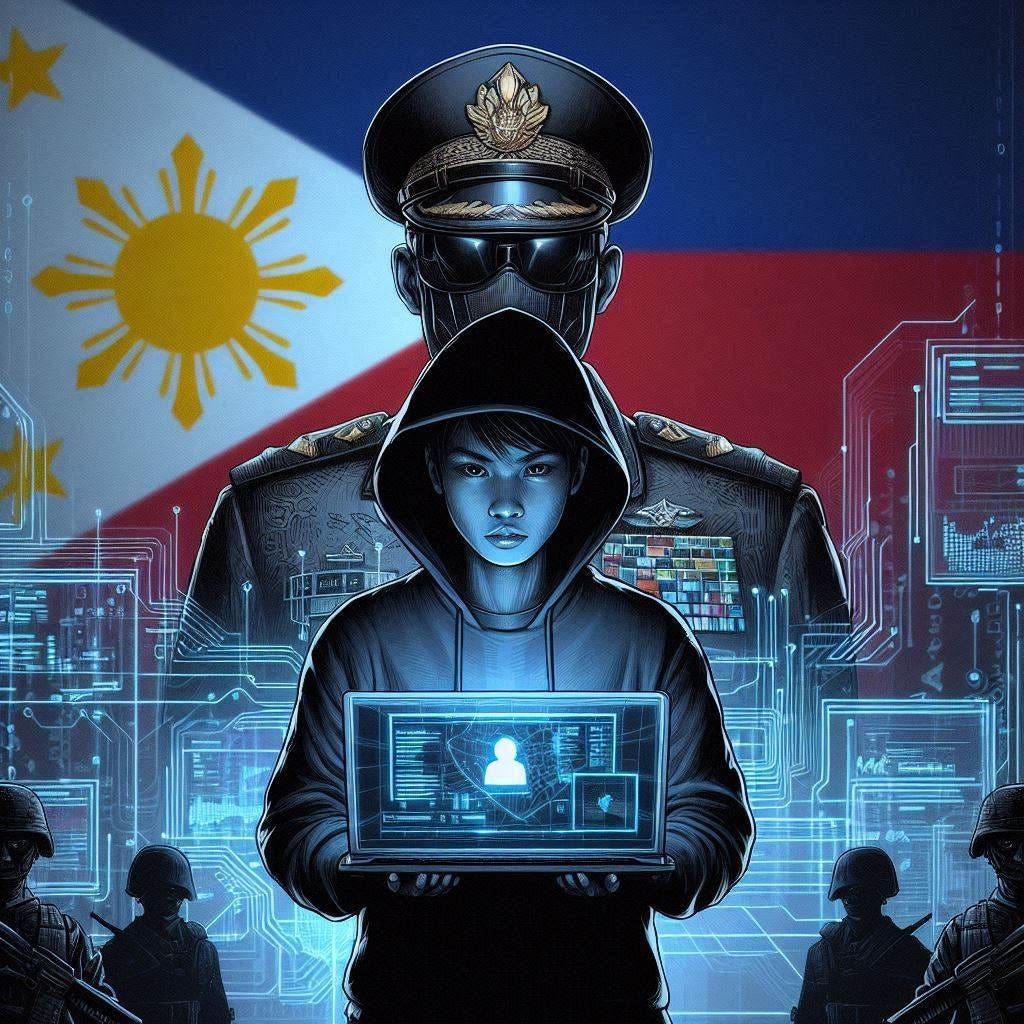 filipino hacker woman holding a laptop facing against a military general and his chatbot, cyberpunk drawing