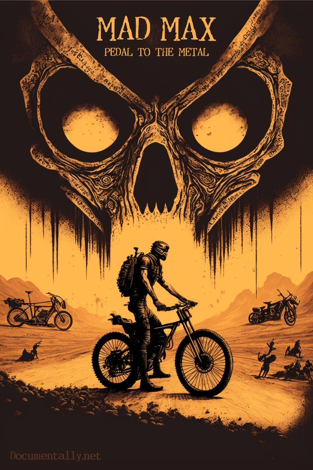 A mad max style movie poster made with midjourney and featuring pushbikes