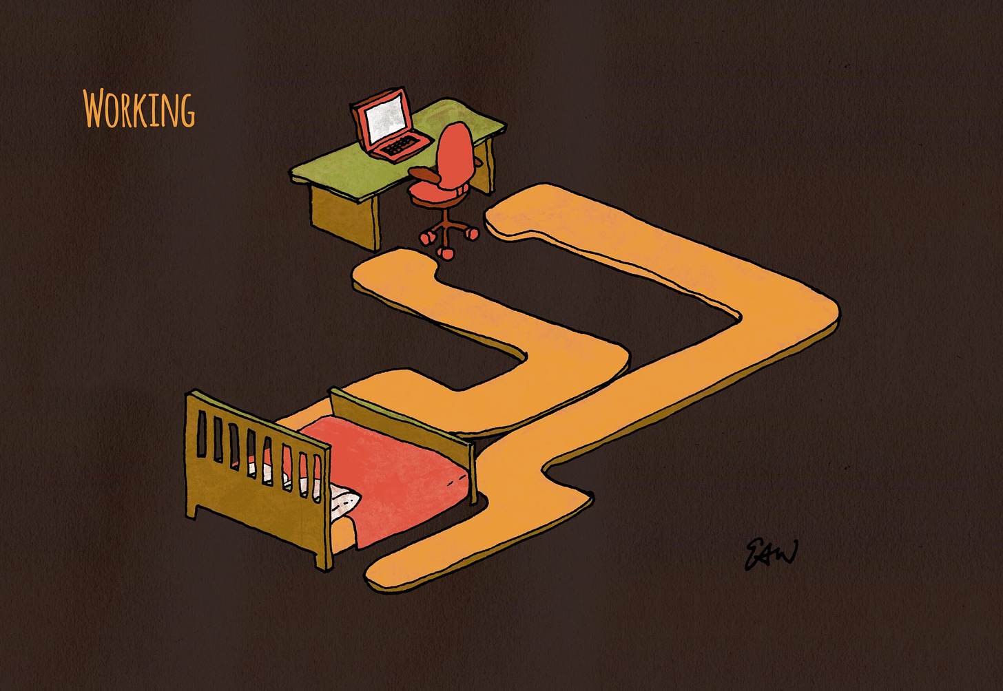 Drawing in an isometric grid perspective showing a path connecting a bed and a workstation, with a returning path back to the bed. The caption reads, "Working."