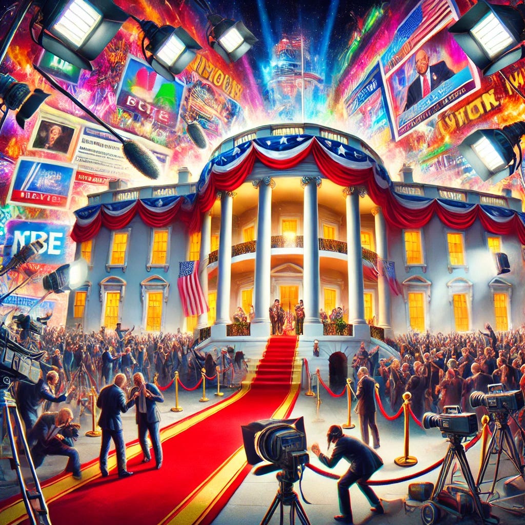 A dramatic, surreal illustration of the White House transformed into a flashy reality TV set. Bright stage lights, cameras, and a red carpet lead up to the entrance, while a chaotic mix of politicians and media figures scramble around. In the background, giant television screens display exaggerated headlines and social media feeds. The scene is vibrant, theatrical, and slightly dystopian, symbolizing the blending of politics and entertainment.