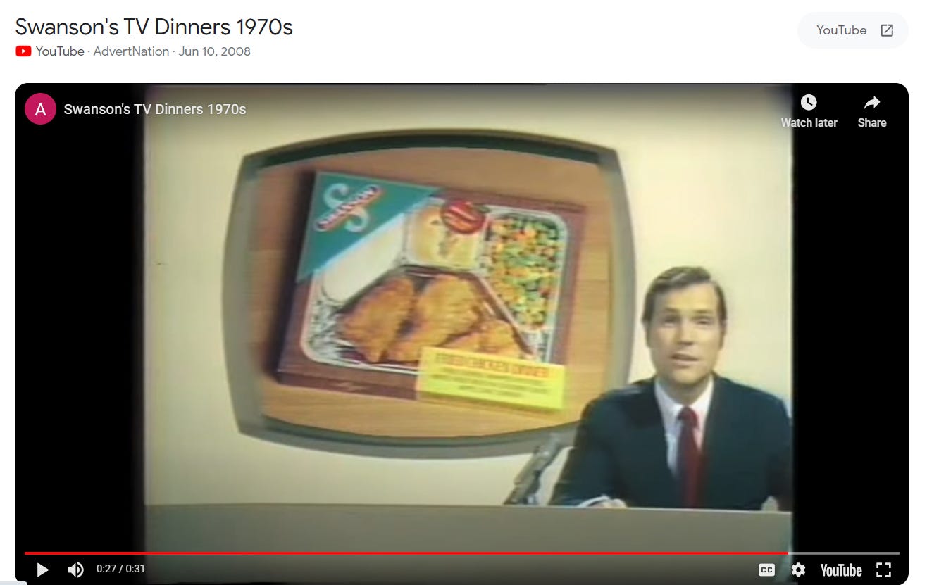 screen shot of a youtube video about Swanson dinners