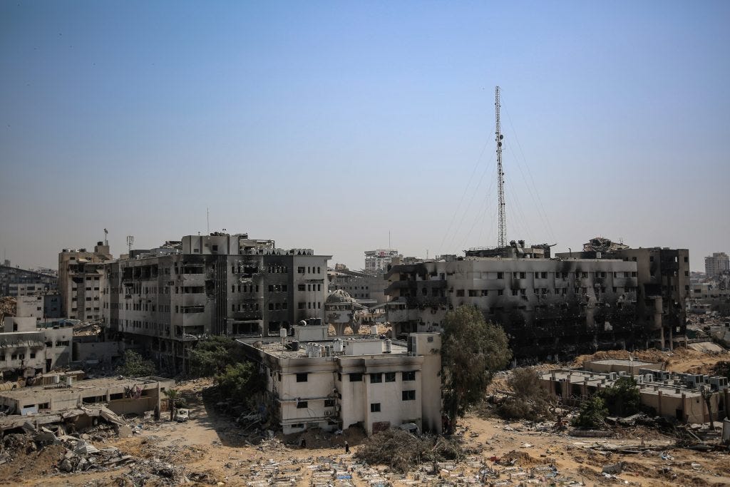 The remains of al-Shifa Hospital complex following a two-week siege of the compound by the Israeli army, Gaza City, April 2, 2024. (Photo: © Omar Ishaq/dpa via ZUMA Press ]/APA Images)