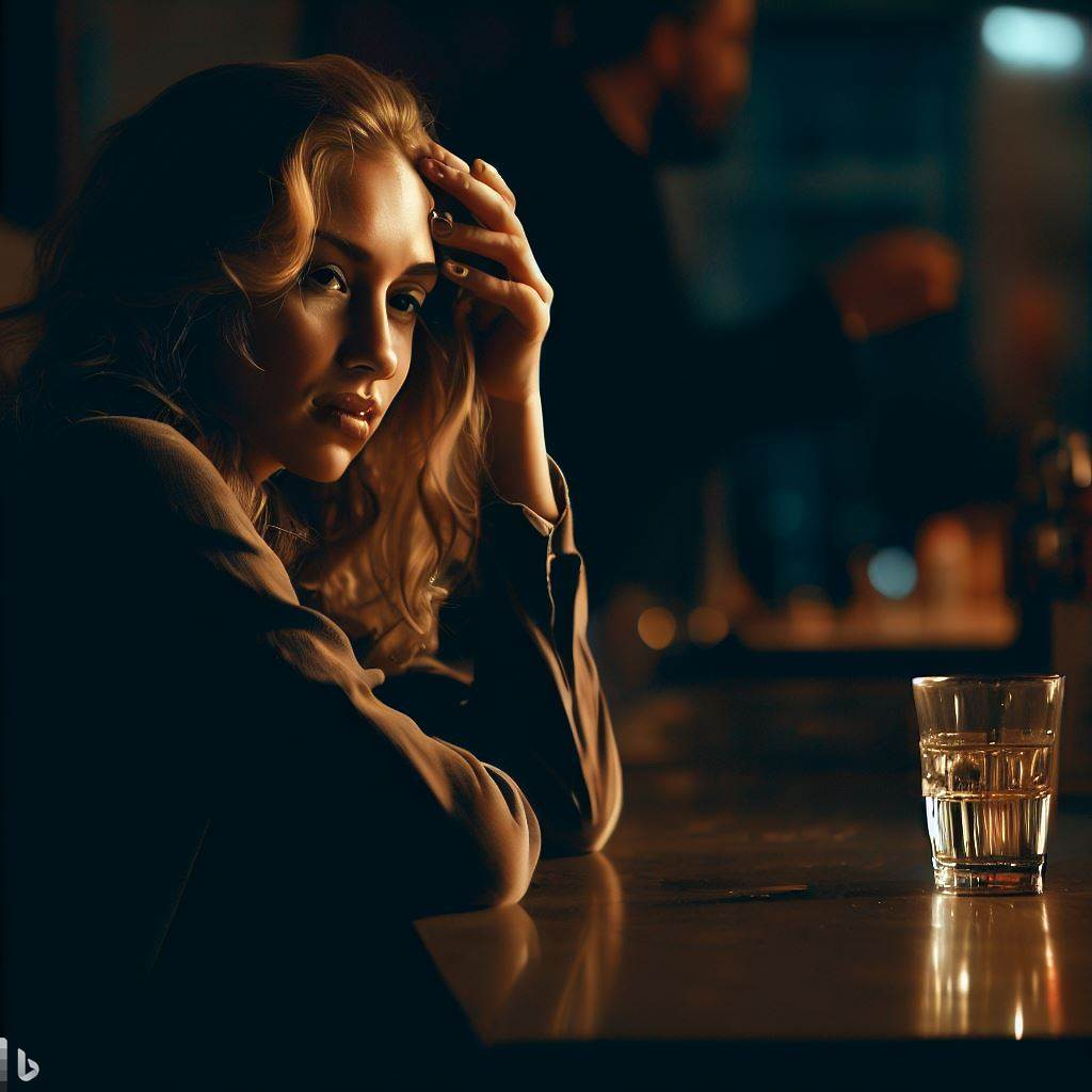 A woman sitting alone at a bar counter during an evening. She is looking down and seems lost in her thoughts. On the counter in front of her is an empty glass of bitter liquor. In the background, a man can be seen walking away with his hands in his pockets. The atmosphere is melancholic and reflective