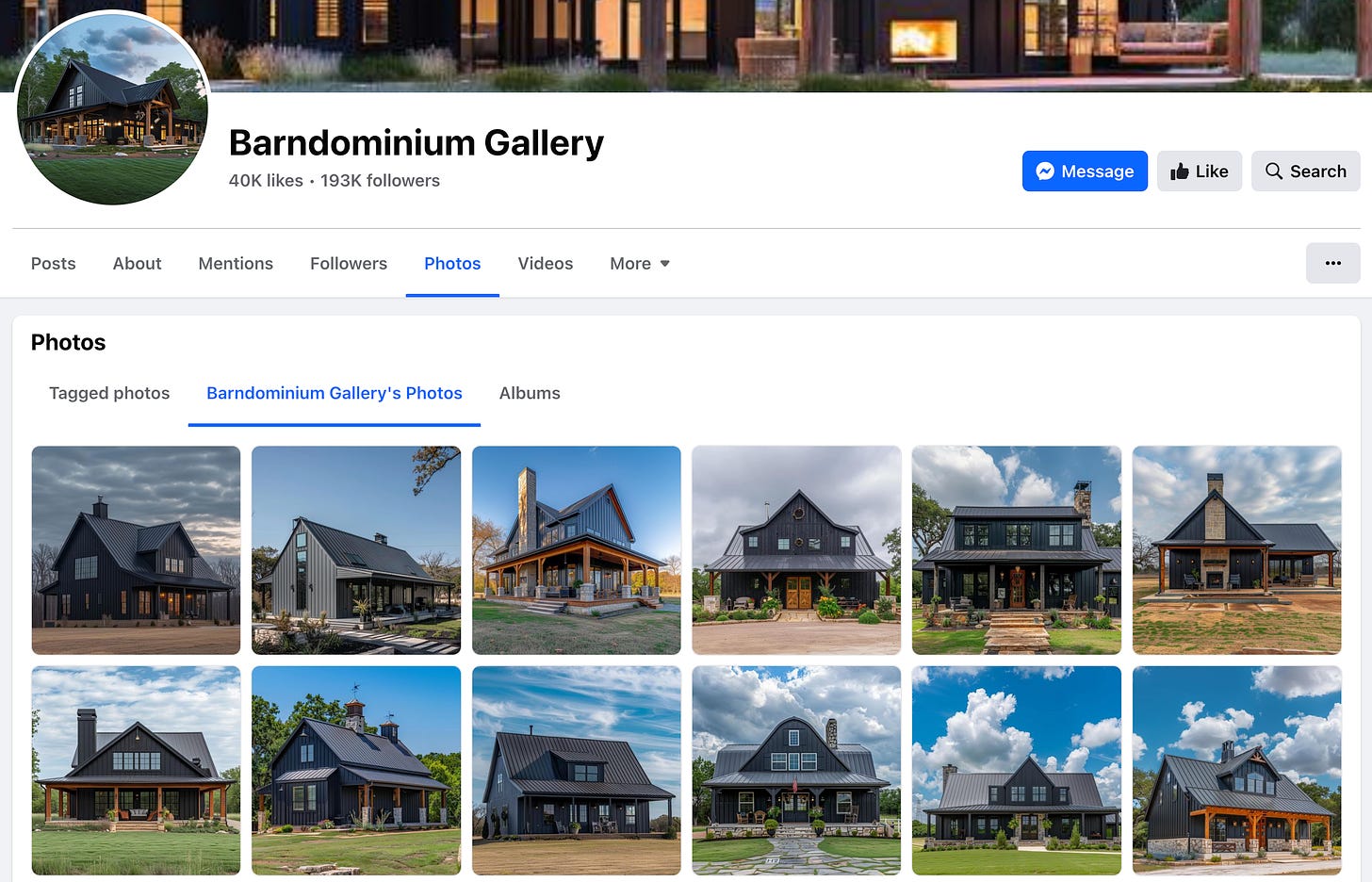 screenshot of the profile of the "Barndominium Gallery" Facebook account with the Photos tab open