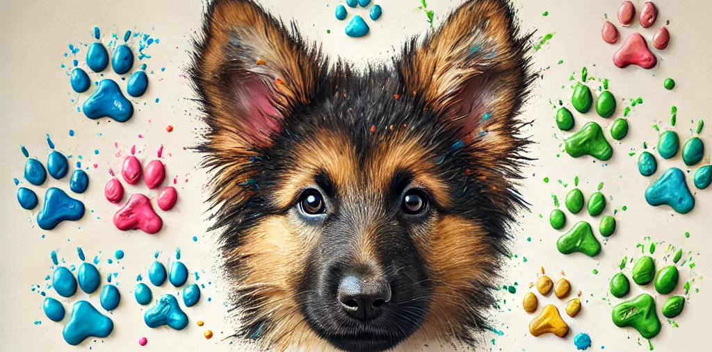 The word 'DENALI' written by a playful German Shepherd puppy, using its paw prints as if dipped in paint. The letters are made up of paw-shaped splashes in vibrant colors like blue, green, and pink, arranged to clearly spell 'DENALI'. Include subtle impressions of a playful German Shepherd puppy nearby, like paw smudges or paint trails. The background is light and neutral to make the colorful prints stand out.