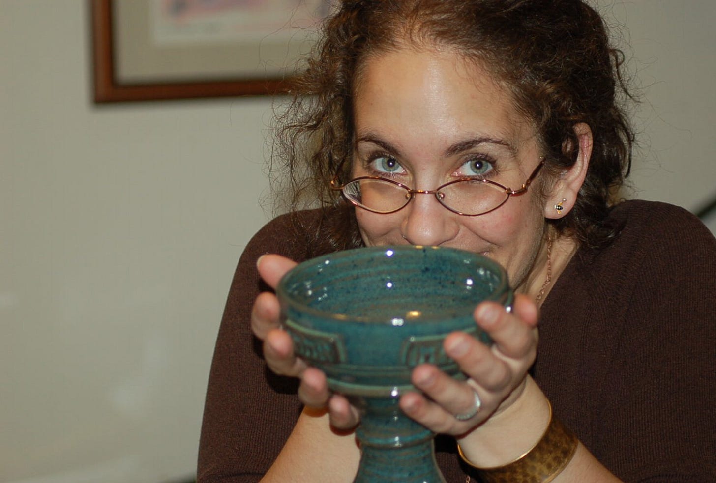 That's me looking really excited about my custom "prophets' cup" for Passover!