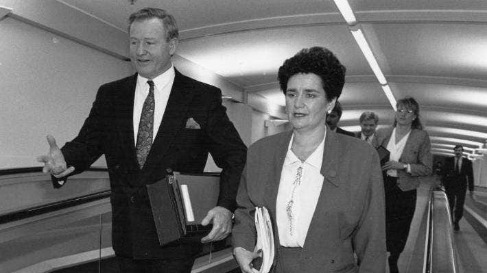 Prime Minister Jim Bolger, left, and Finance Minister Ruth Richardson walk to the chamber to deliver the 1991 Budget.