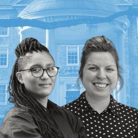 Photos of Shannon Malone Gonzalez and Felicity Gancedo superimposed over an image of UNC's South Building and Old Well