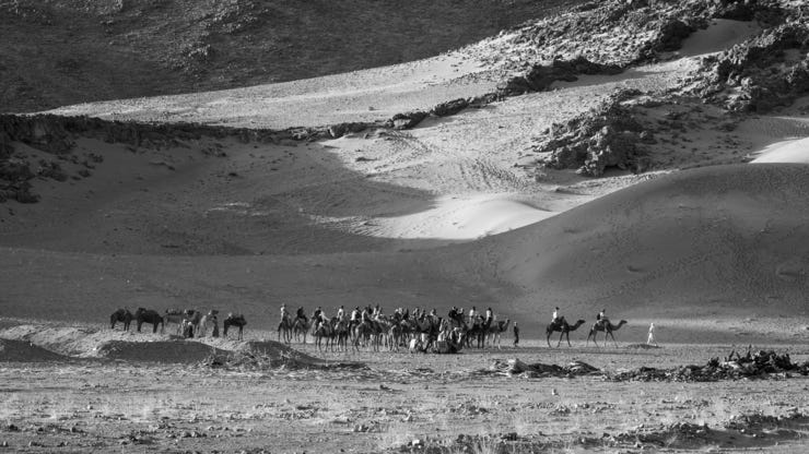 Tourists leaving a desert camp, outside Zagora, Morocco.
