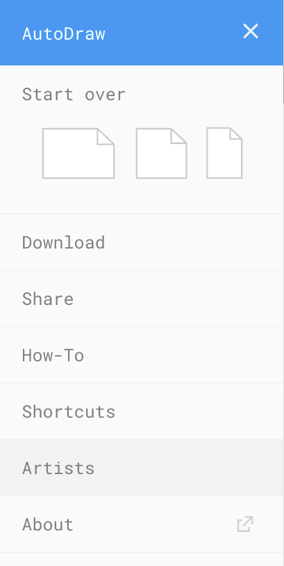 The AutoDraw three line menu has options to resize the canvas, download, share, a how-to tutorial, shortcuts, and an About link.