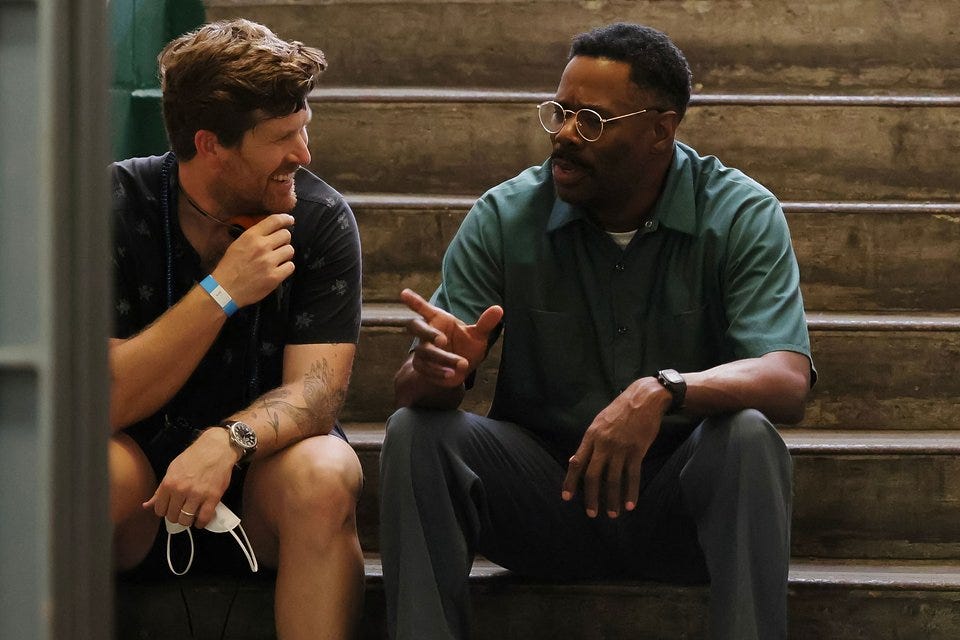 Greg Kwedar (left) and Colman Domingo during the filming of "Sing Sing." Courtesy of A24.