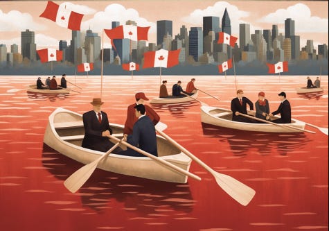 Several canoes crossing a river at sunset, flying Canadian flags. The people in the canoes are wearing suits. It represents brain drain of Canadian entrepreneurs leaving for the US to develop their innovative ideas 
