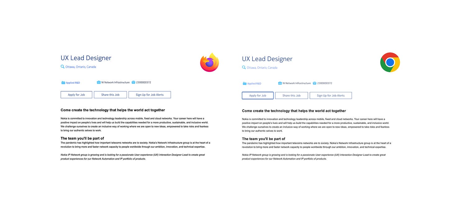 "UX Lead Designer", website screenshots rendered in Firefox (left) and Chrome (right), two browsers rendering the same page differently