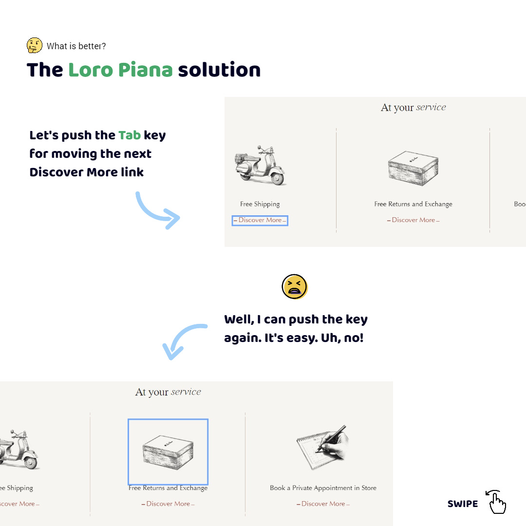 The Loro Piana app. There is the list of link. Every link has an icon and label. I press Tab. I am on the label. I press Tab. I am the icon of the second link. I press Tab. I am the second link label