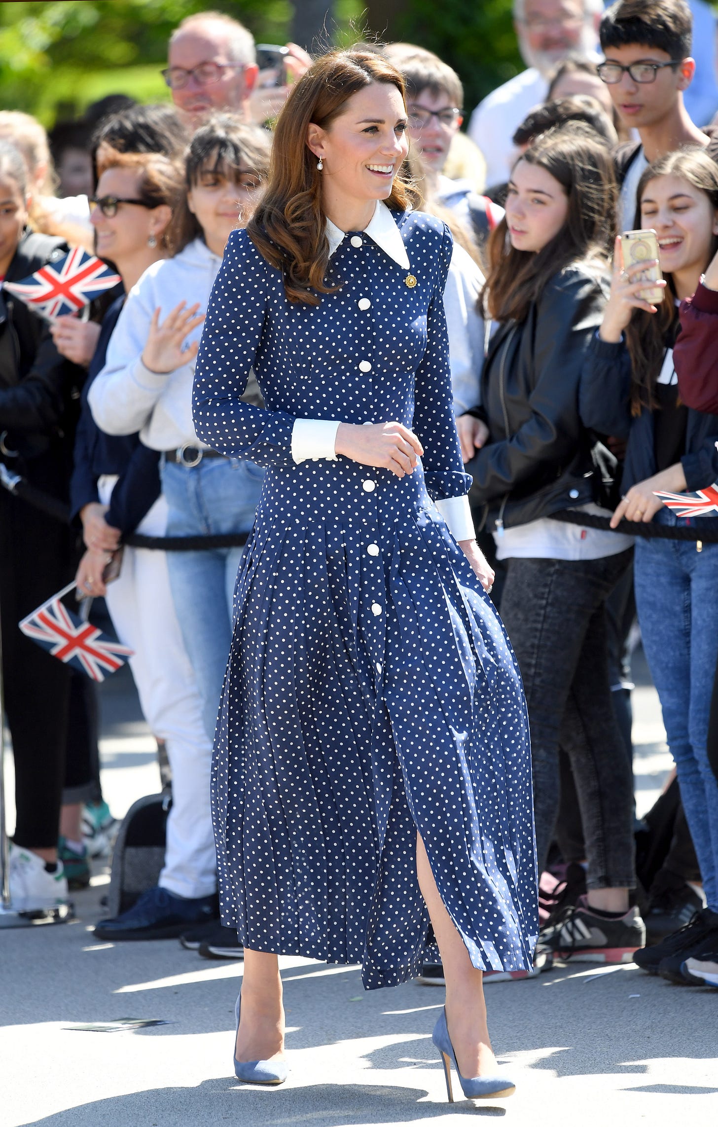 Catherine wearing blue polka dot dress in 2019
