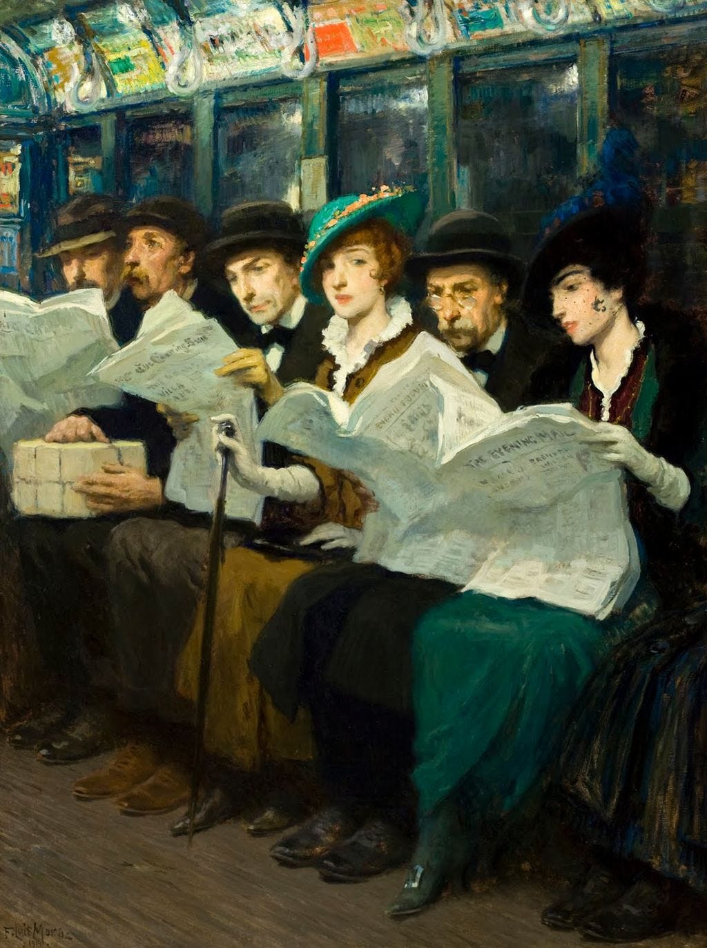 An impressionist painting of New York City subway riders in the early twentieth century, reading newspapers.