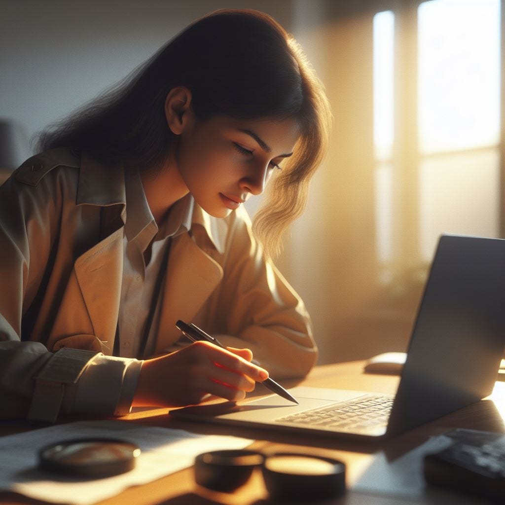 Investigator working on a report, detailed, photograph, atmospheric, hyper-realistic, 1080p, creative, original, vray render, arnold 3D, octane render, sunny