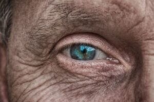 Closeup of an el man's blue eye