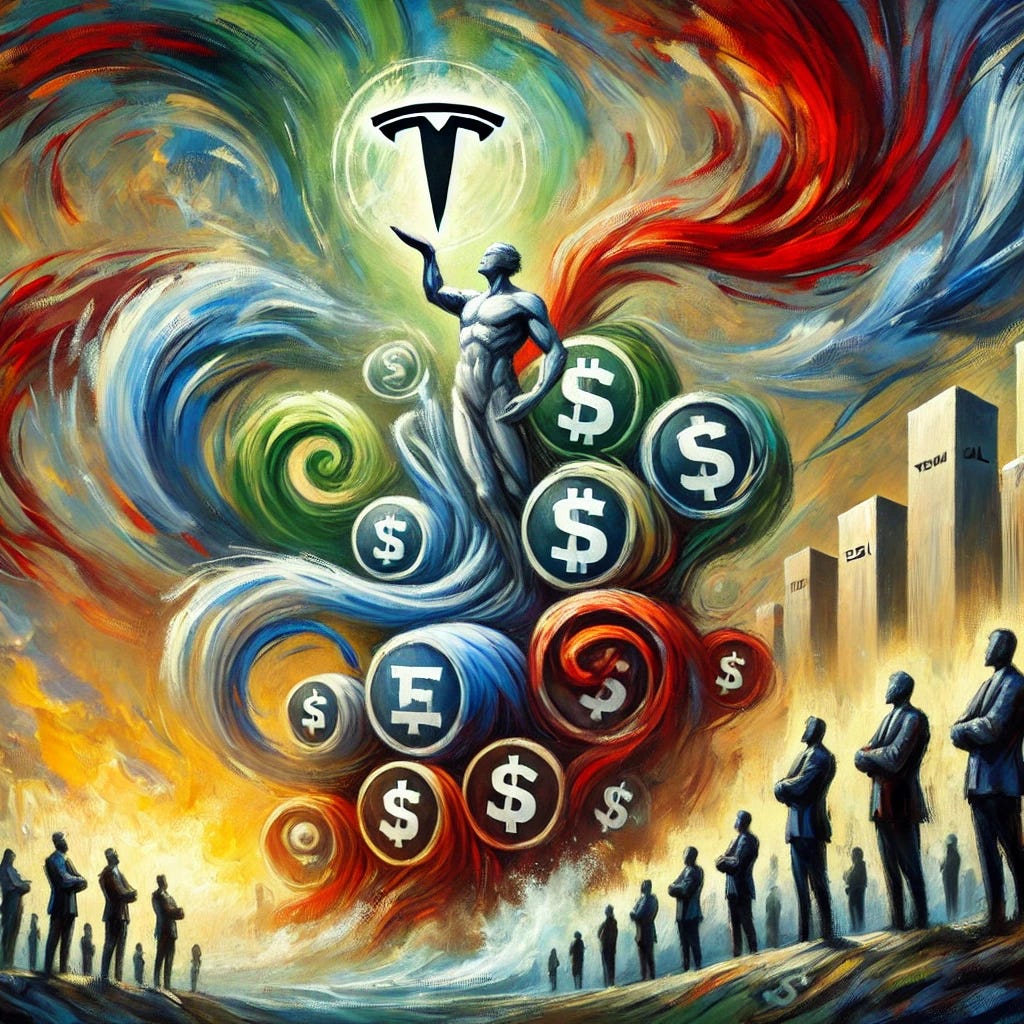 An abstract painting with vibrant, swirling brushstrokes and bold colors. In the center, a symbolic representation of Vanguard's large-scale investment influence, depicted as a towering figure holding numerous Tesla shares. Surrounding this central figure are smaller figures representing individual investors, highlighting their collective contribution. The dramatic sky in the background suggests a significant, emotional atmosphere, while the overall scene conveys the complex dynamics of corporate voting power and investment decisions.