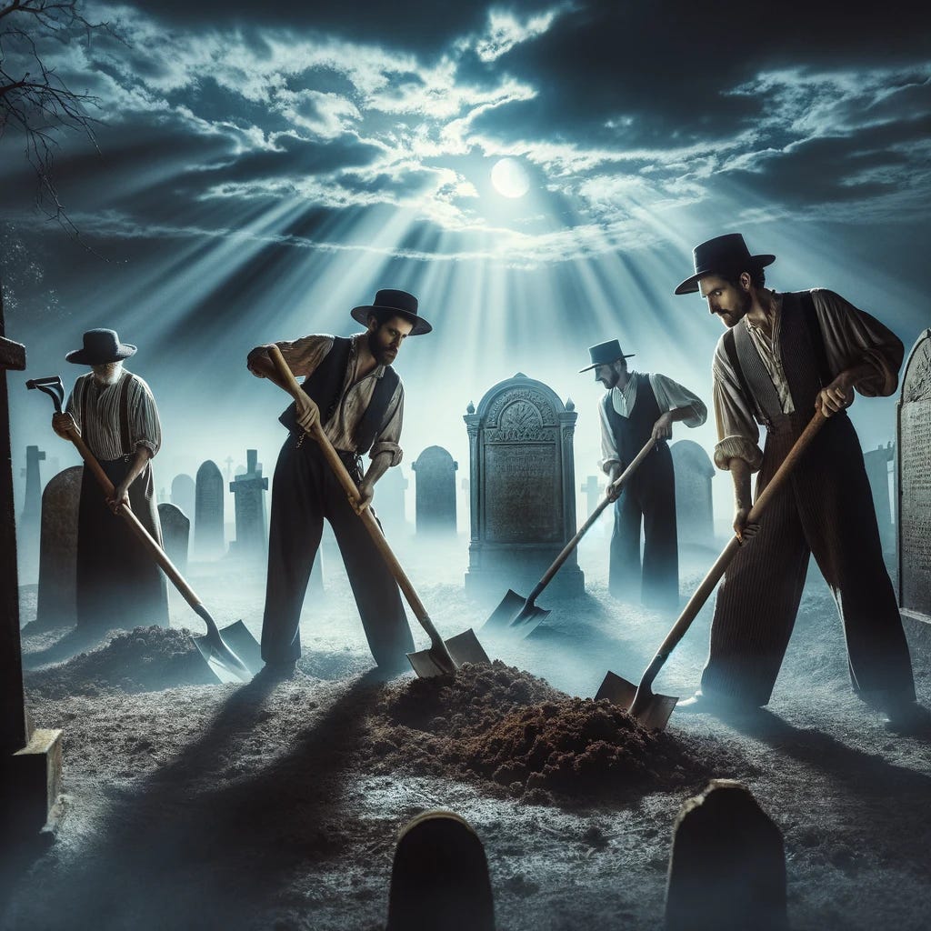 A dramatic scene at a graveyard with four men actively digging into the ground. The setting is a misty evening, and each man wields a traditional shovel. They are wearing old-fashioned clothing, reminiscent of 17th-century styles, complete with hats. The background features weathered tombstones, some tilted, under a dimly lit sky with a crescent moon peeking through scattered clouds. The atmosphere is eerie, with faint shadows cast by the men and their shovels.