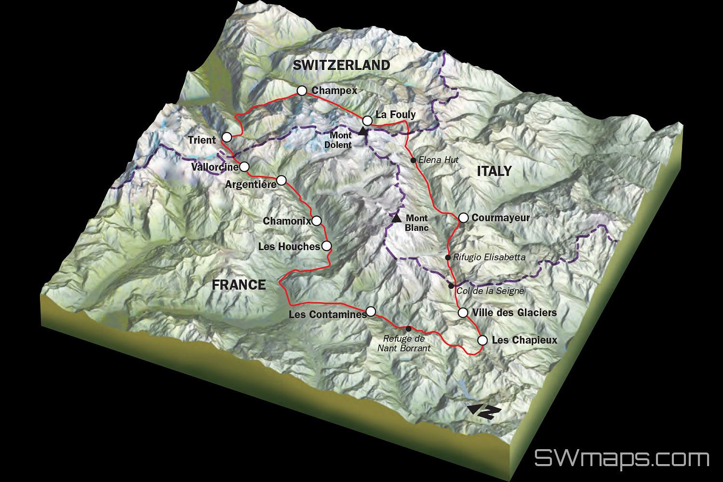 3D Tour du Mont Blanc Map - SWmaps.com | Mont blanc map, Mont ...