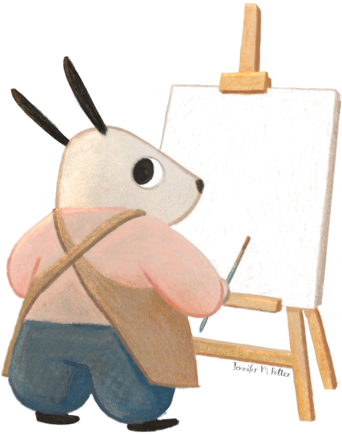 Illustration by Jennifer M Potter of a dog standing in front of a blank canvas on an easel