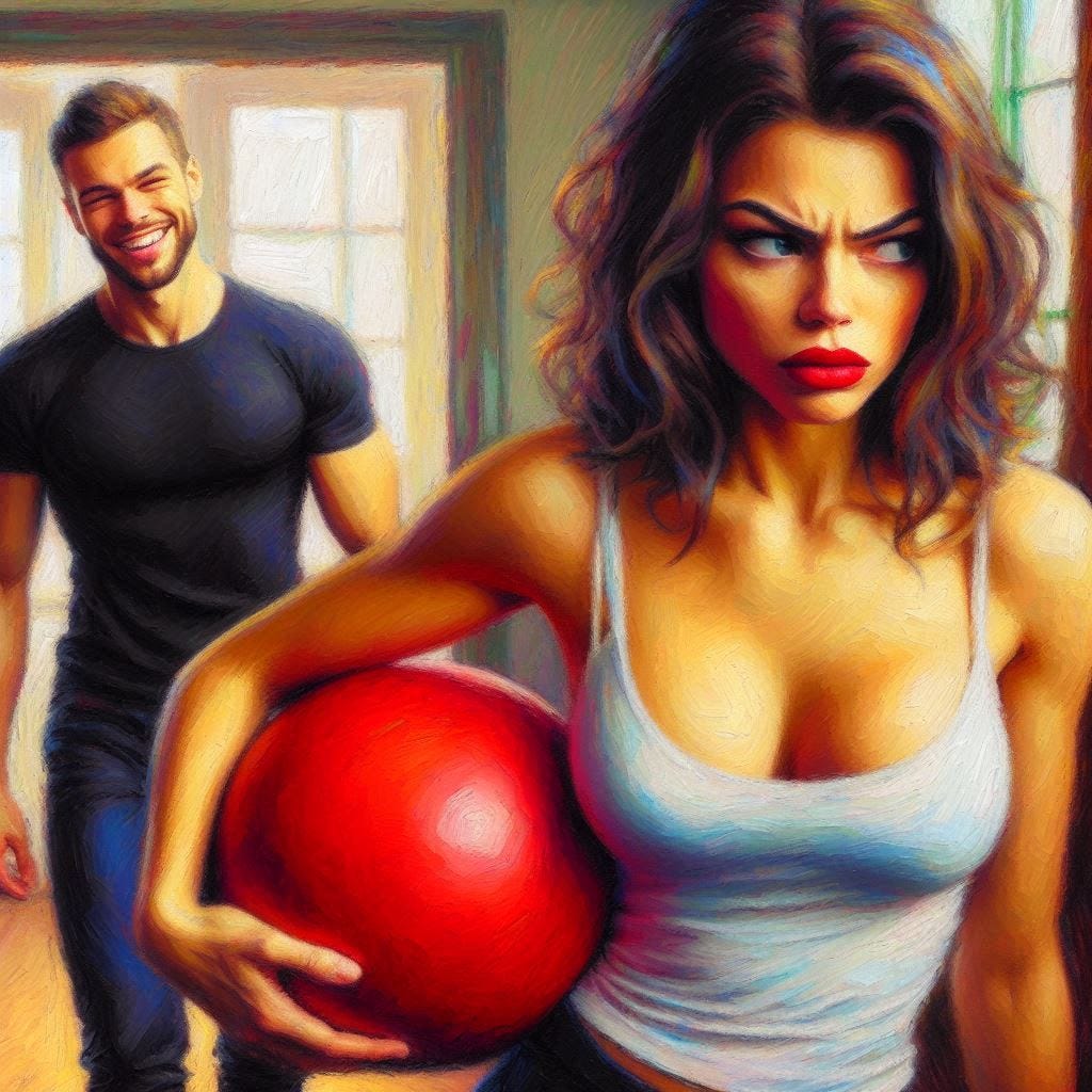 A pretty woman marches angrily out of a room while carrying a red ball in her arms, glaring back at a smiling handsome man wearing a black t-shirt. Impressionist-style.