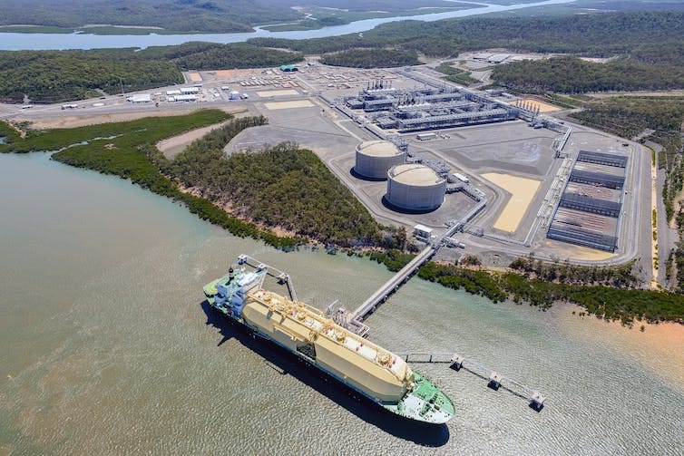 LNG tanker and gas facility seen from the sky