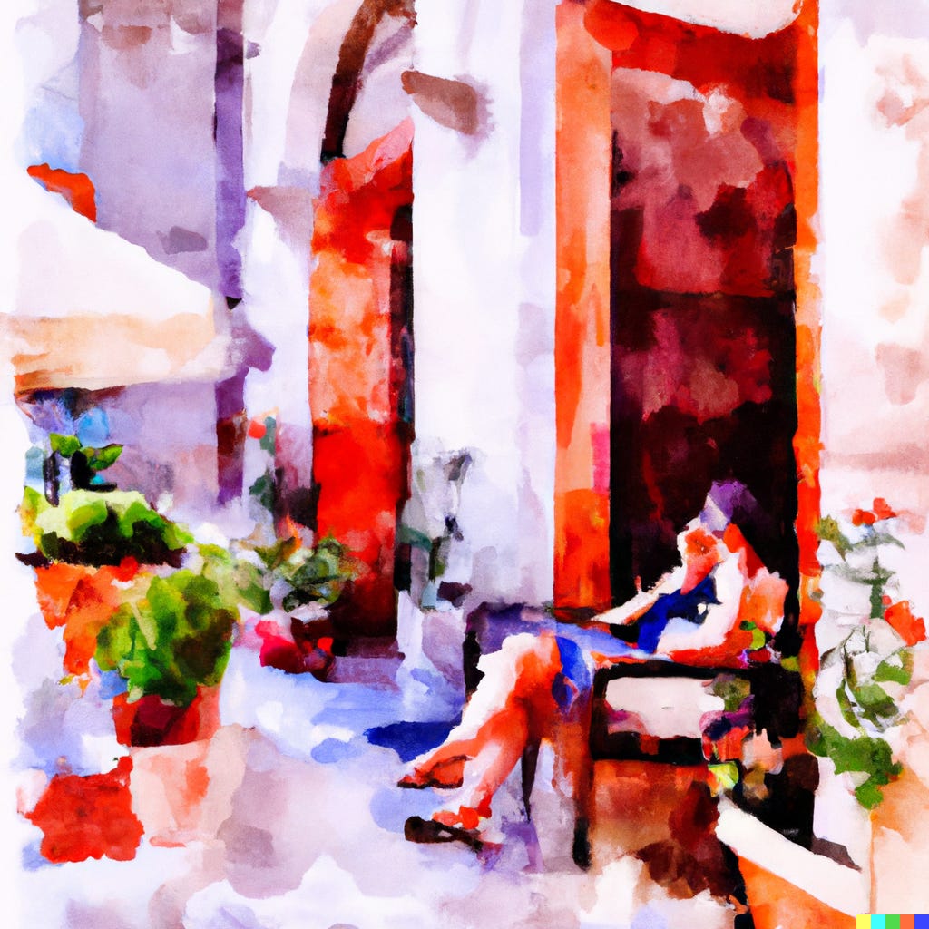 An AI-generated image of a woman sitting in a cafe in Athens.