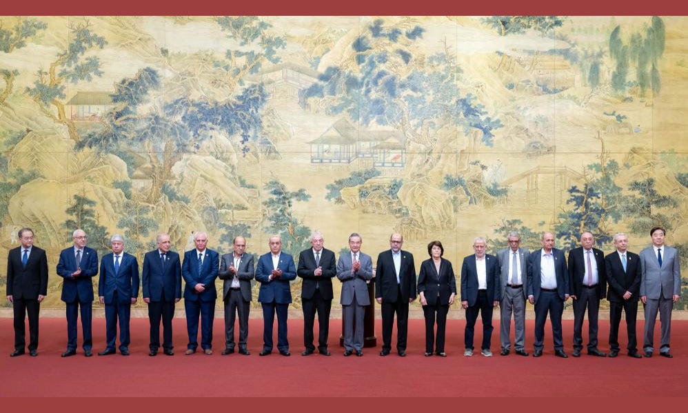 Chinese Foreign Minister Wang Yi, also a member of the Political Bureau of the Communist Party of China Central Committee, attends the closing ceremony of a reconciliation dialogue among Palestinian factions and witnesses the signing of a declaration on ending division and strengthening unity by 14 Palestinian factions, in Beijing, capital of China, July 23, 2024. Photo: Xinhua