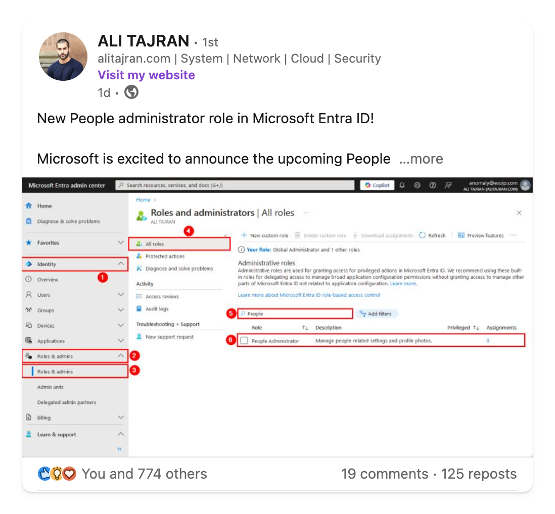 New People administrator role in Microsoft Entra ID!  Microsoft is excited to announce the upcoming People administrator role in Microsoft Entra, designed to improve and streamline administrative capabilities in Microsoft 365.  Developed from customer feedback, this role will provide dedicated permissions for managing people-related settings and profile photos without needing the high privileges of Global admin or User admin roles.