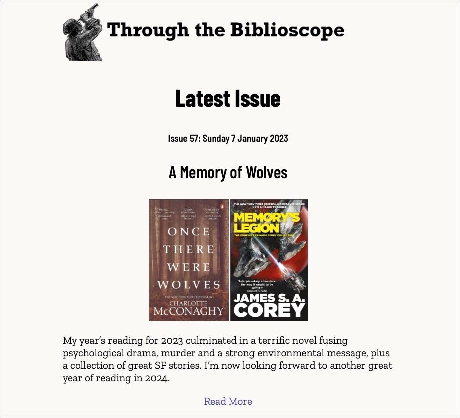 Screenshot of the new website, showing a banner reading Through the Biblioscope, the issue title A Memory of Wolves, and the covers of Once There Were Wolves and Memory's Legion