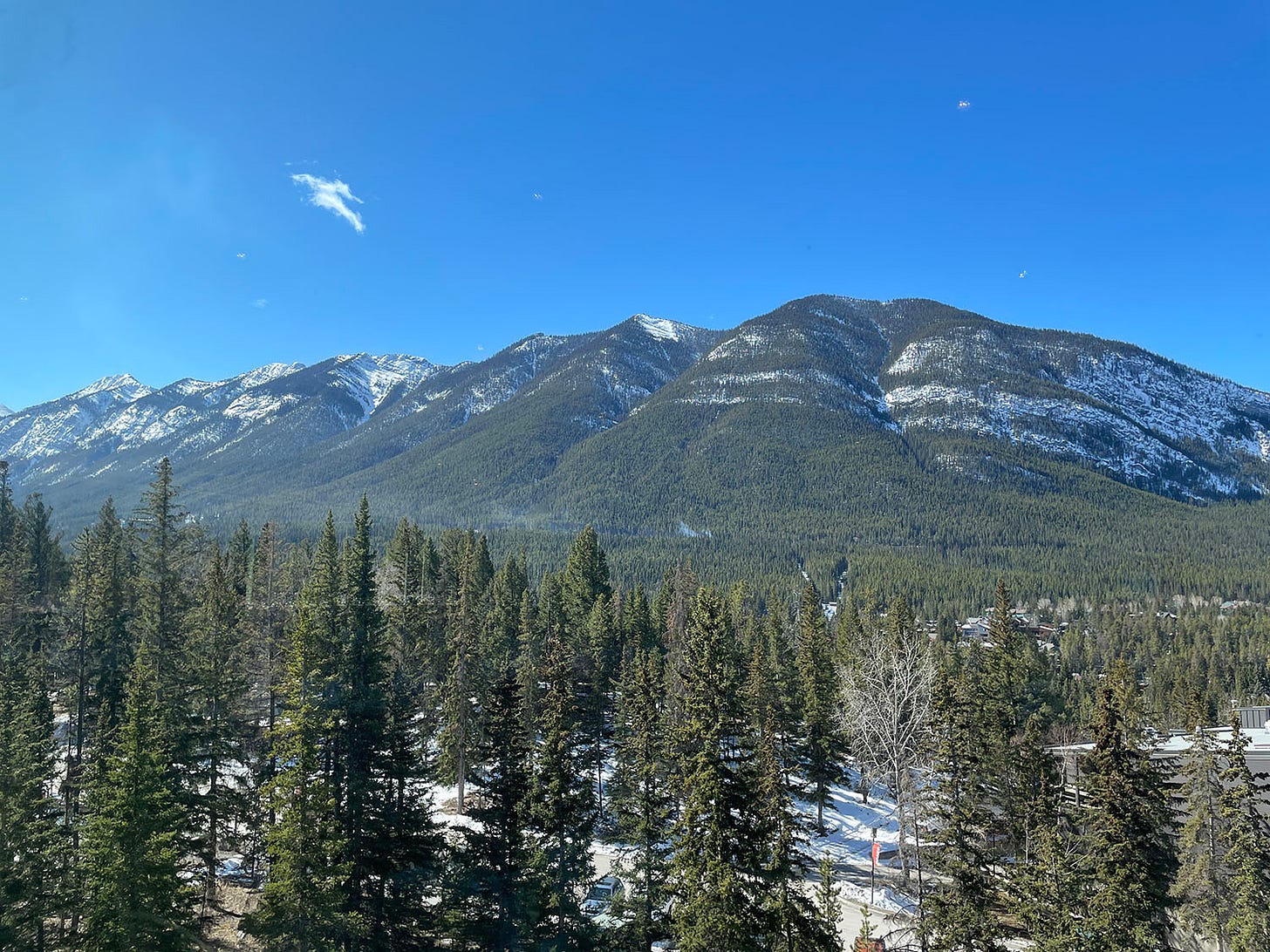 View of snow and mountains from the Banff Centre dining hall