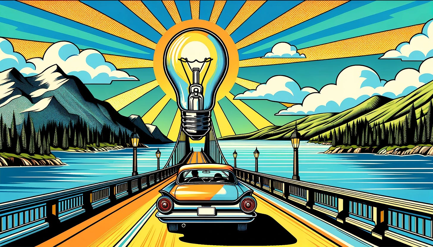 A pop art image of a car driving over a bridge over a beautiful lake, with a lightbulb in the sky instead of the sun, in a 16_9 aspect ratio. 