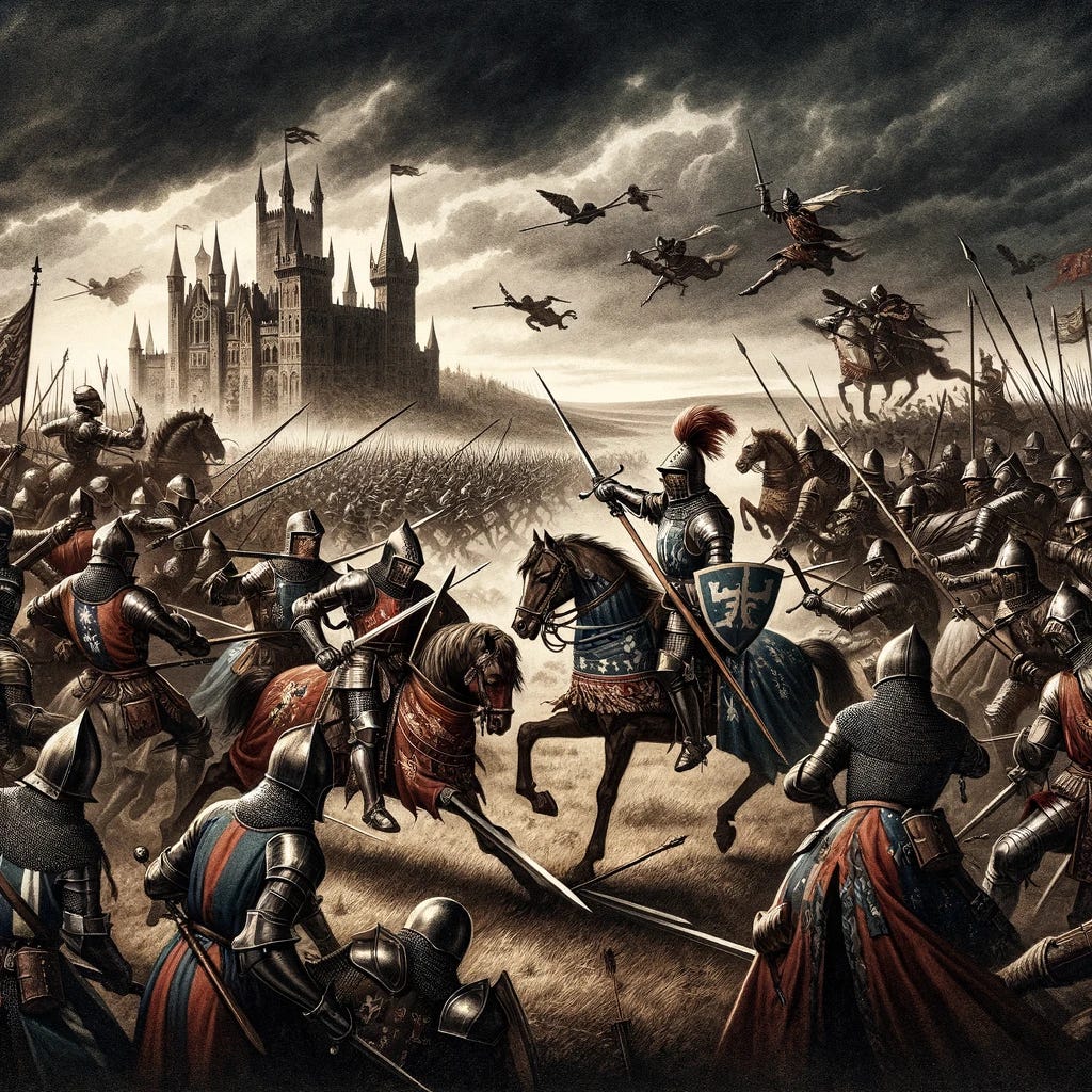 A dramatic illustration of a medieval battle scene. The scene is filled with two opposing armies clashing in combat. Soldiers in armor are engaged in fierce sword fights, with archers in the background launching arrows. The foreground shows knights on horseback charging towards each other, with swords and shields drawn. The setting is an open battlefield with a castle in the distance, under a stormy sky, adding to the intense atmosphere of the war scene.