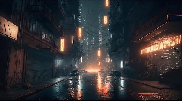 Premium Photo | Dark street in cyberpunk city lane with gloomy buildings in  future generative AI