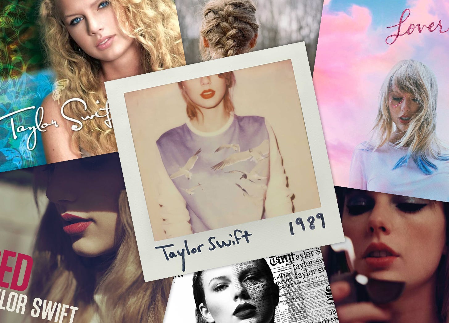 A collage of Taylor Swift's album covers, with 1989 prominently in the center. 